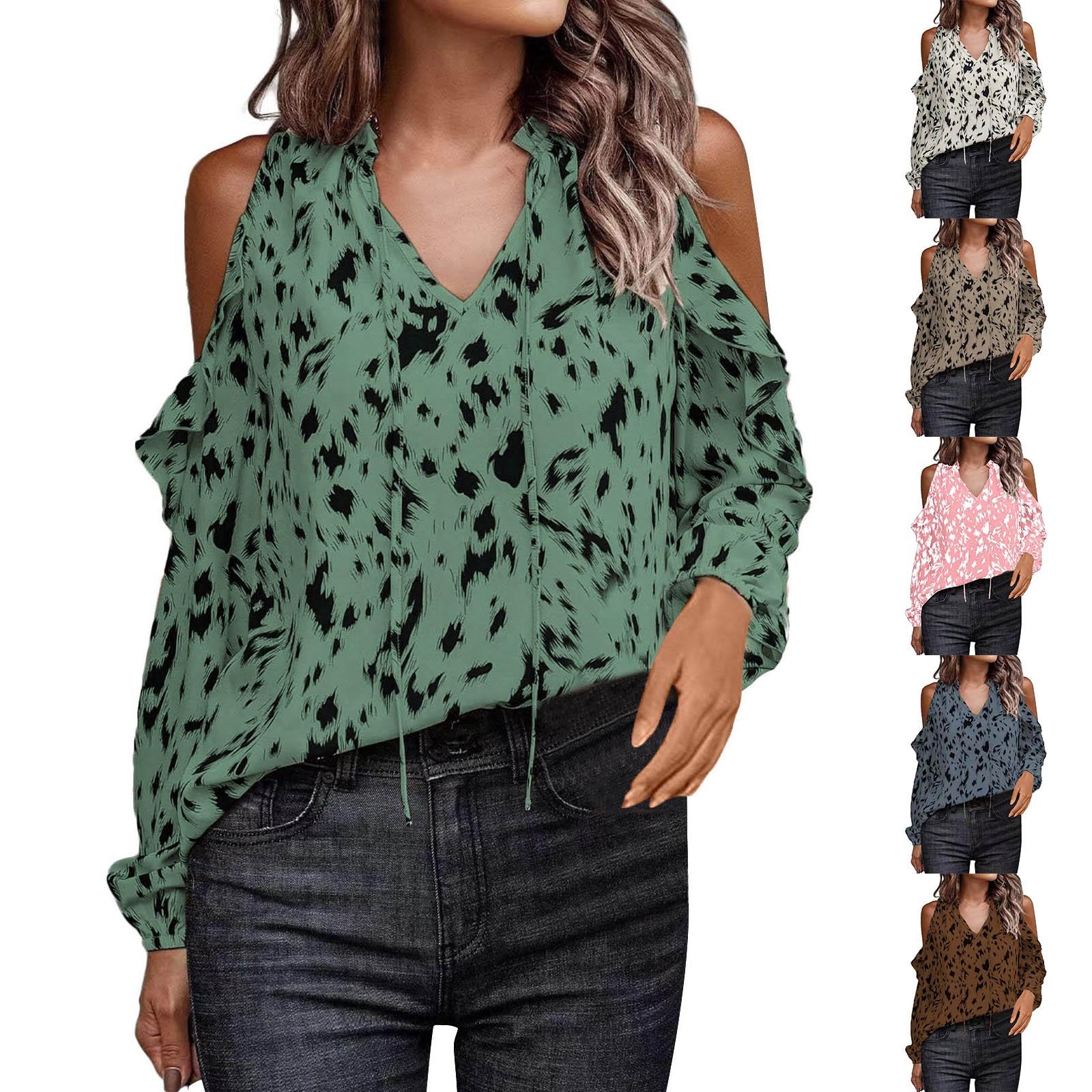 

Женский модный повседневный свободный топ с v-образным вырезом и длинными рукавами с открытыми плечами и гофрированным краем в форме листа