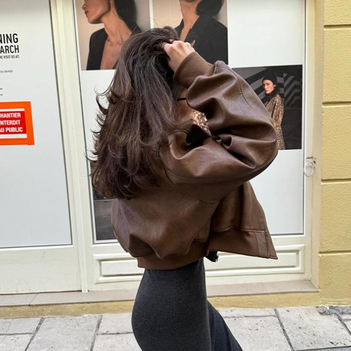 Dámská motorkářská bunda z umělé kůže - Podzimní/zimní krátký styl na zip