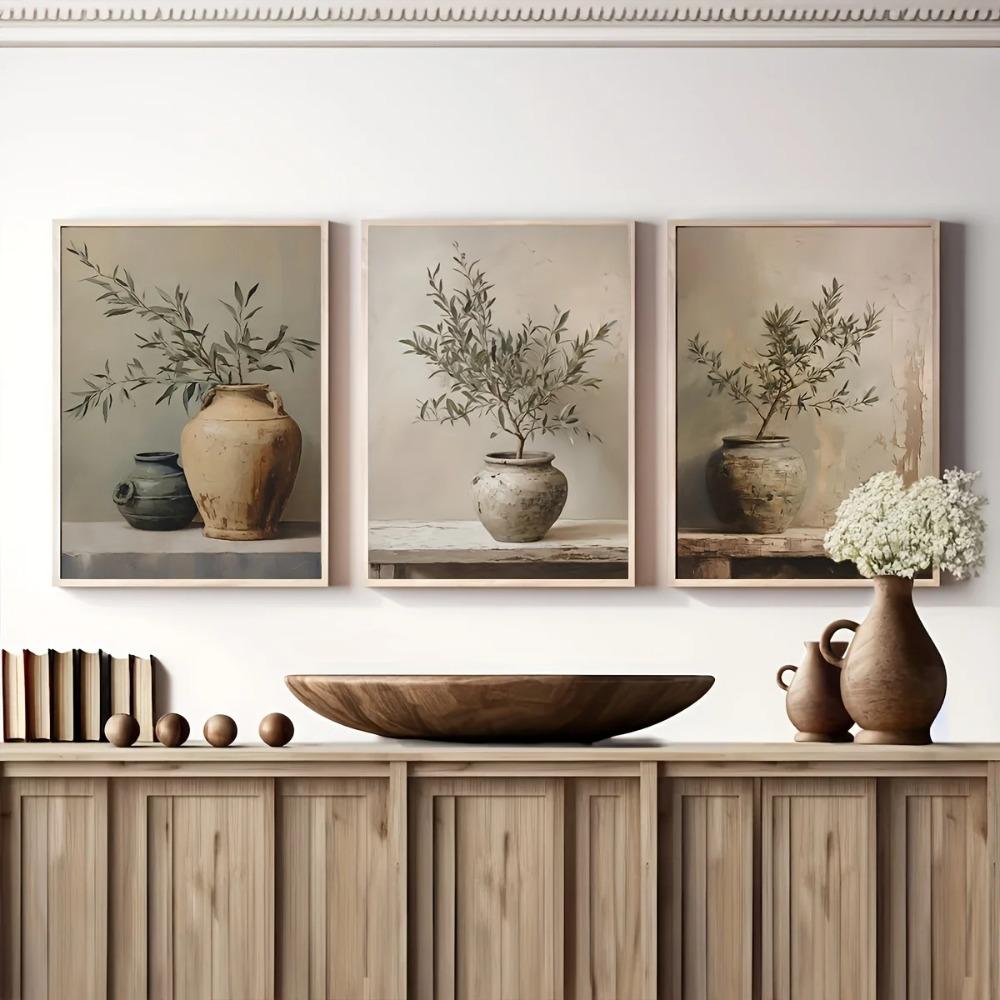 Retro Elegante Olivenbaum und Zitrone Leinwand Poster Vase Wandkunst Poster Perfektes Geschenk für Wohnzimmer Schlafzimmer Studentenwohnheim Heimdekoration