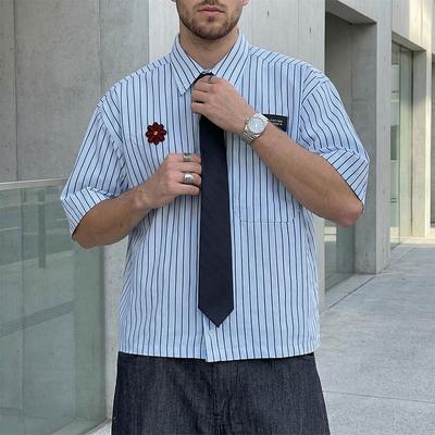 Summer Men Lapel Neck Casual Shirts Short Sleeve Embroidery Floral Striped Tops
