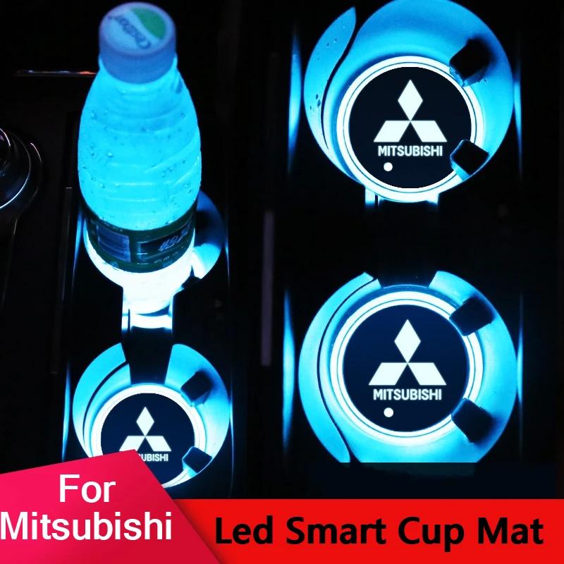 2 Stück 7 Farben LED Auto Logo Intelligente Wasserbecher-Unterlage für Mitsubishi Ralliart Lancer 9 10 ASX L200 Colt Pajero Outlander Eclipse