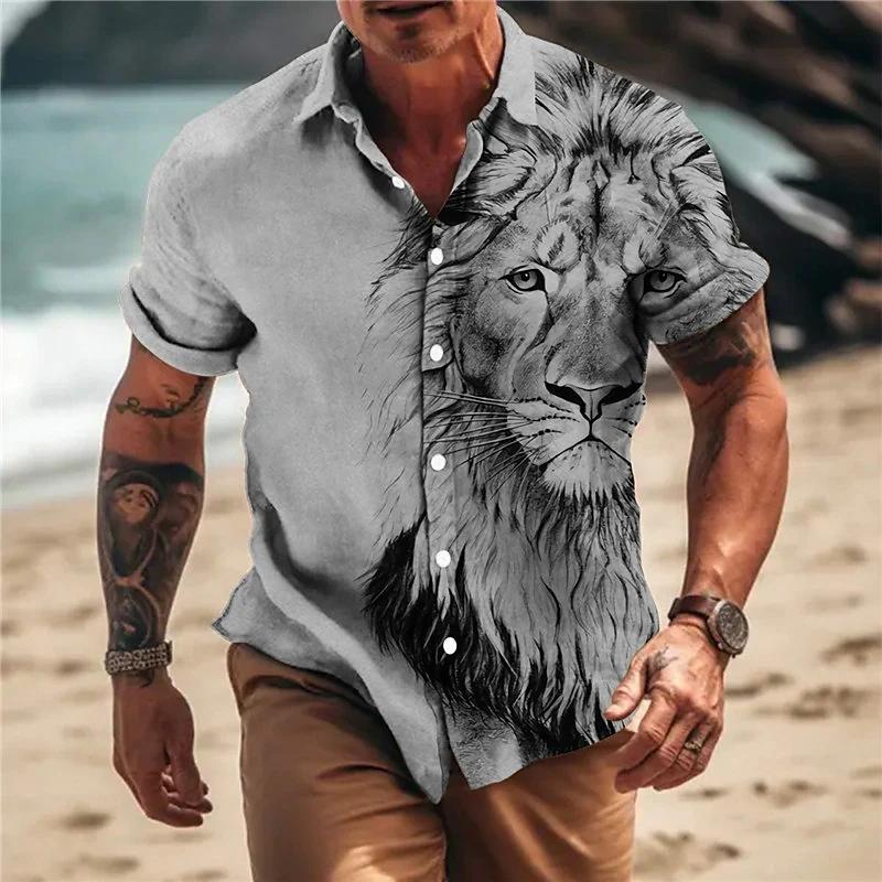 Hawaiian Men's Shirt Animal Print Summer New And Women's Lion Pattern Short Sleeve Loose Large Breathable Top