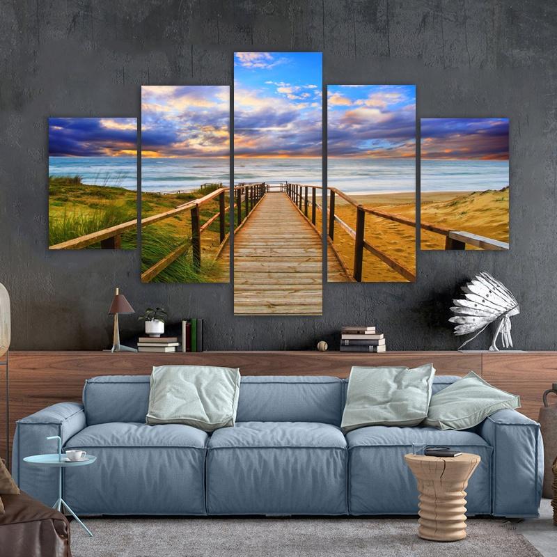 

5 Panels Wood Bridge Posters Wall Art Landscape Beach Home Decor Sunset Canvas Prints Natural Painting Modern Pictures NO FRAME 20x35 20x45 20x55cm