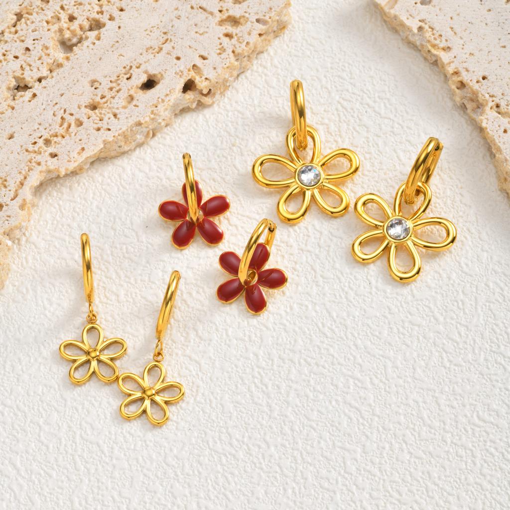 Blumenohrringe Roter Emaille Vergoldeter Creolen Edelstahl Florale Hängeohrringe für Damen Y2K Sommer Mode Schmuck