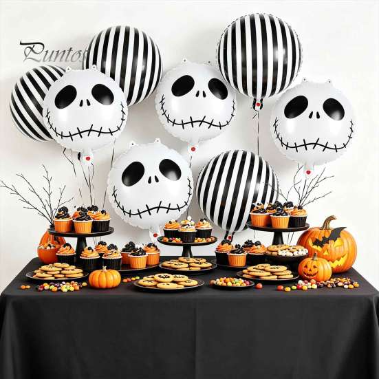 Carnival Themed Decorations 12PCS Halloween Skull Balloon Set, Aluminum Foil Balloons, Black And White Balloons Striped Realistic Print for