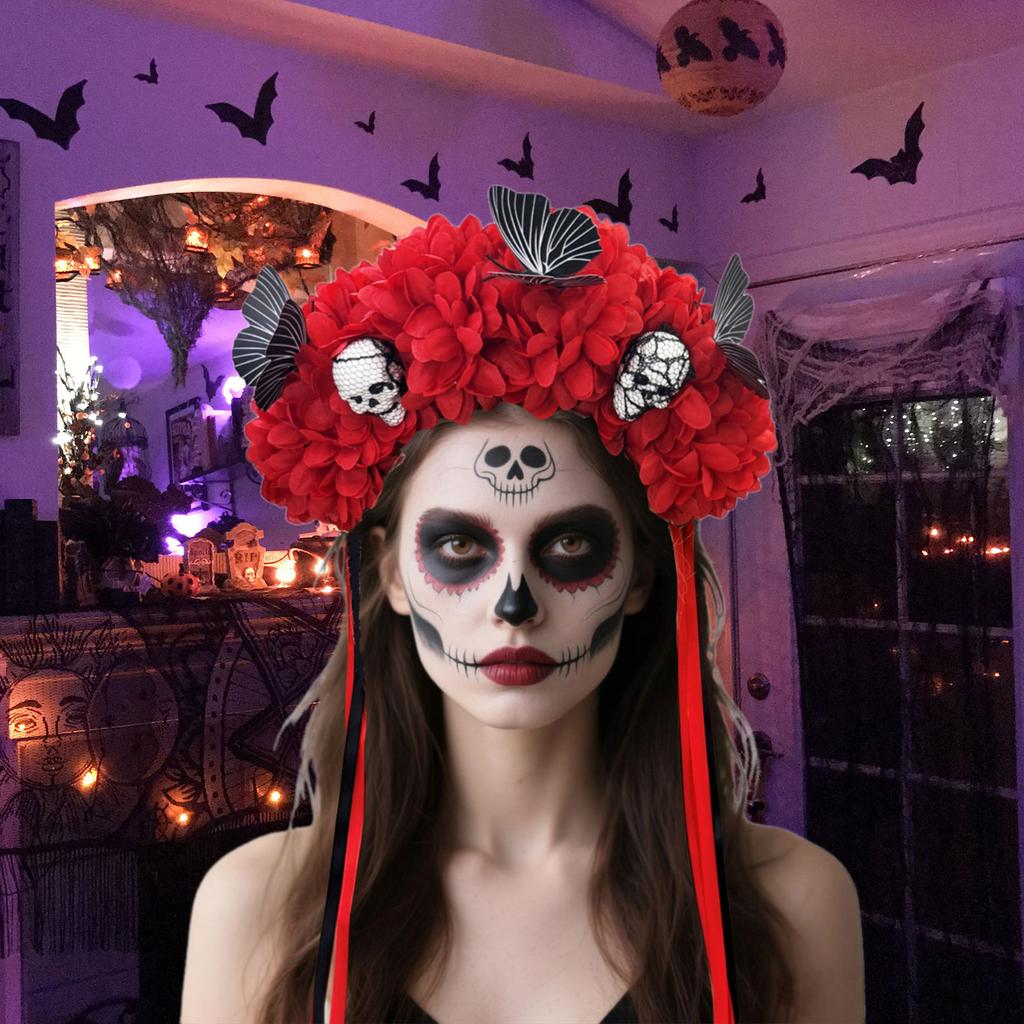 Reusable Practical Plastic Skull Headband And Simulated Floral Decors Costume Headband For Halloween Theme Parties