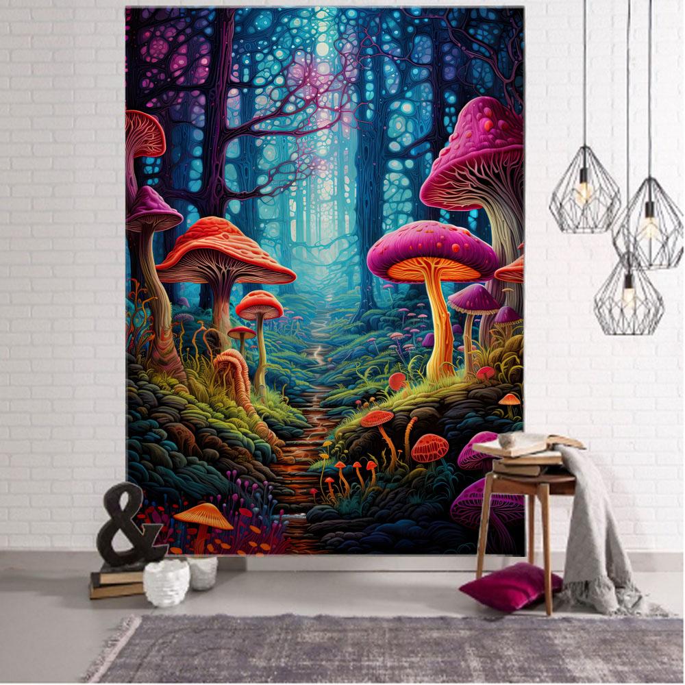 Fairy Tale Mushroom Forest Tapestry Wall Hanging Aesthetic Decoration Blanket Bed Sheet Living Room Bedroom Background Poster