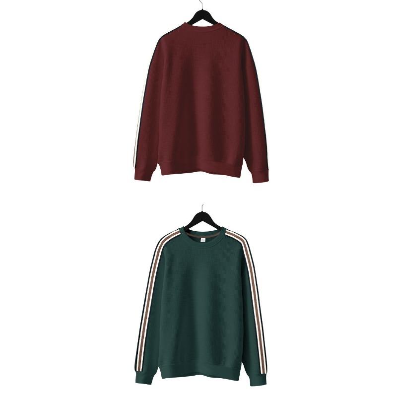 Loose Thin Seven Stripes Mens Waffle Crew Neck Casual Sports Breathable Sweatshirt