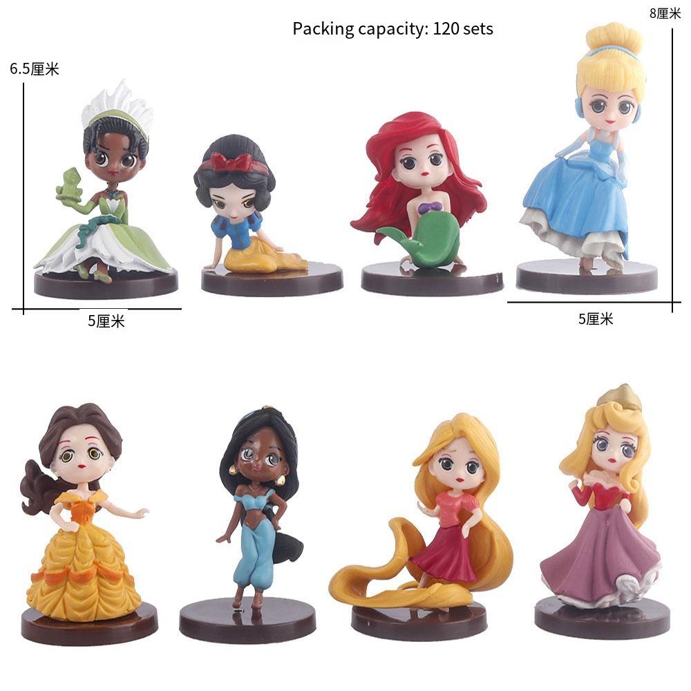 8pcs Cute Q Version Princess GK Model Kids Charm Toy Gifts The Little Mermaid Long Hair Princess Collectible Cartoon Doll