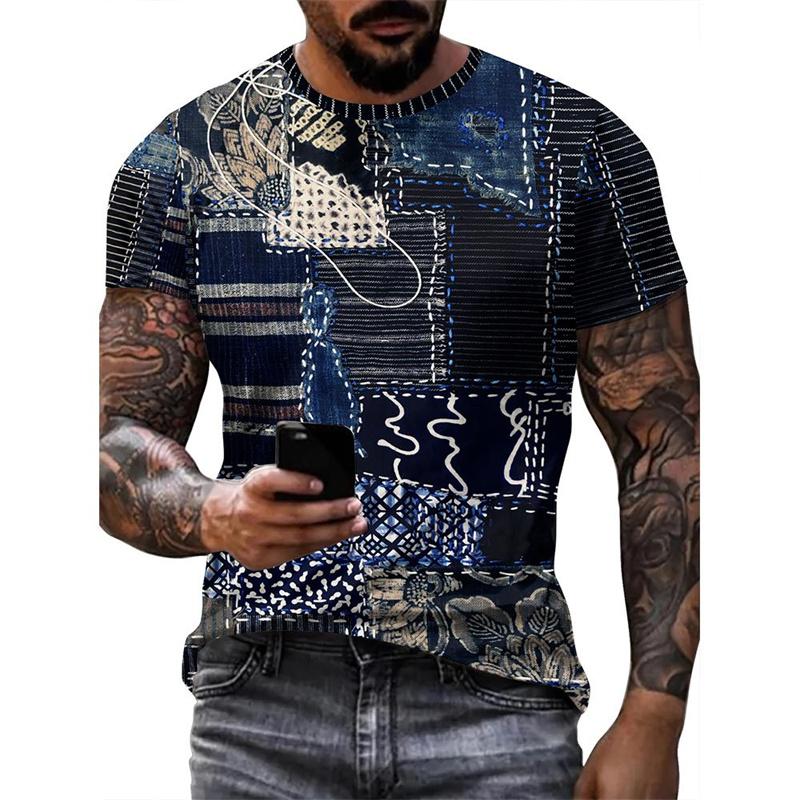 Vintage Patchwork Denim Graphic T-shirts Summer Fashion Short Sleeve Trend Streetwear 3D Printed T Shirts Casual Loose Mens Tees