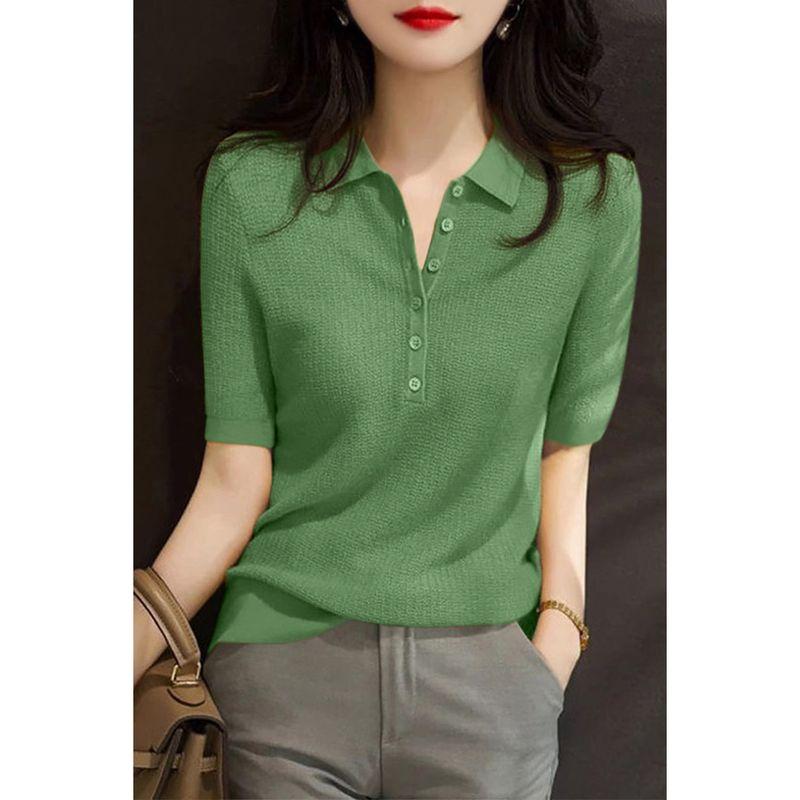 

2025 Look Summer New Women clothes Daylight Yellow Slim fit Slimming Polo Collar Five-Button Five-Quarter Sleeve Knit Top Jungle Green 2XL