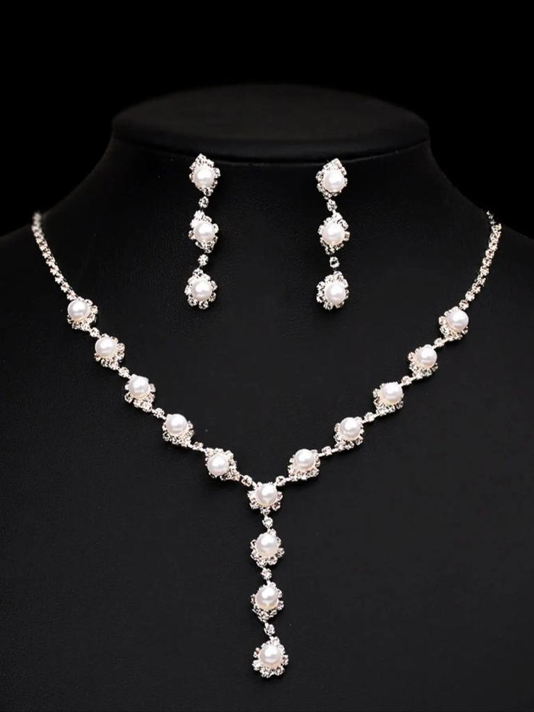 4/3PC Women's Fashion Copper Claw Chain Pearl Necklace Earrings Bracelet Zircon Set Wedding Banquet Party Holiday Gift