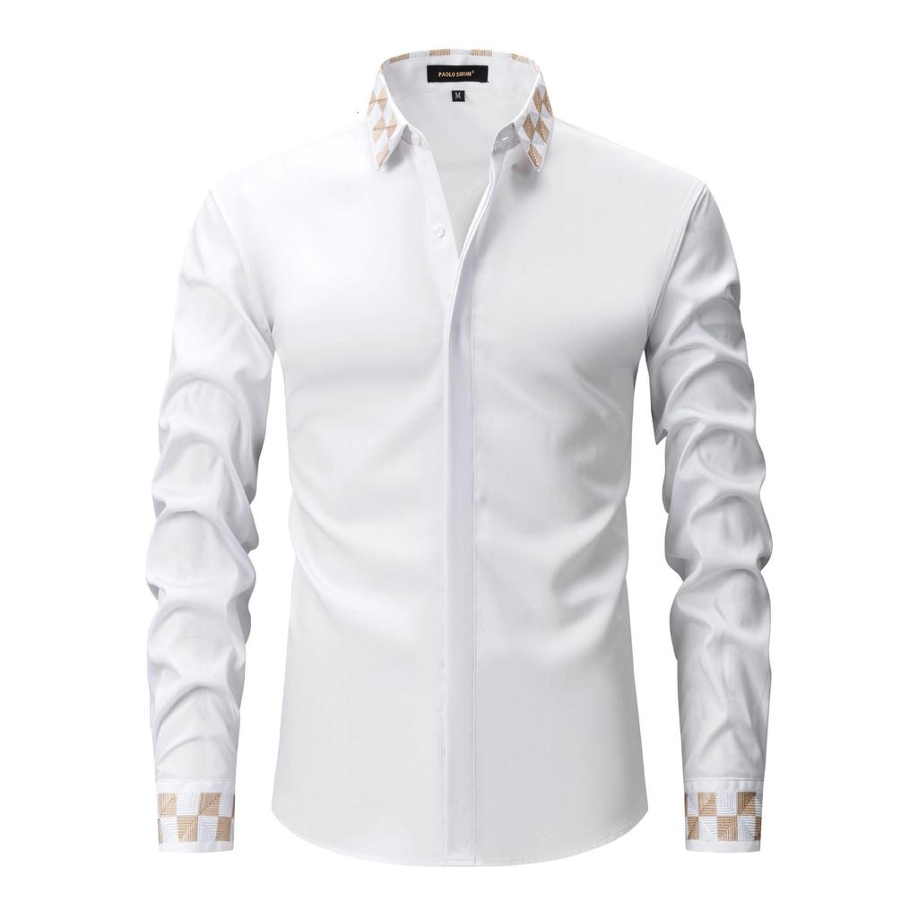 Fashionable Embroidered Long-sleeved Men's Shirts Fashionable Versatile Lapel Long-sleeved Casual Button Splicing Cardigan