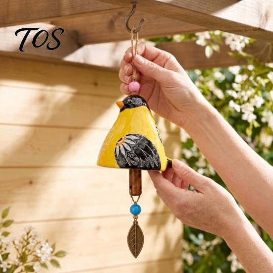 Outdoor Courtyard Accessories Bird Wind Chime with Bell, Hand-Painted Resin Hanging Decoration Bell Decor for Garden Patio Porch, Yard Art Window