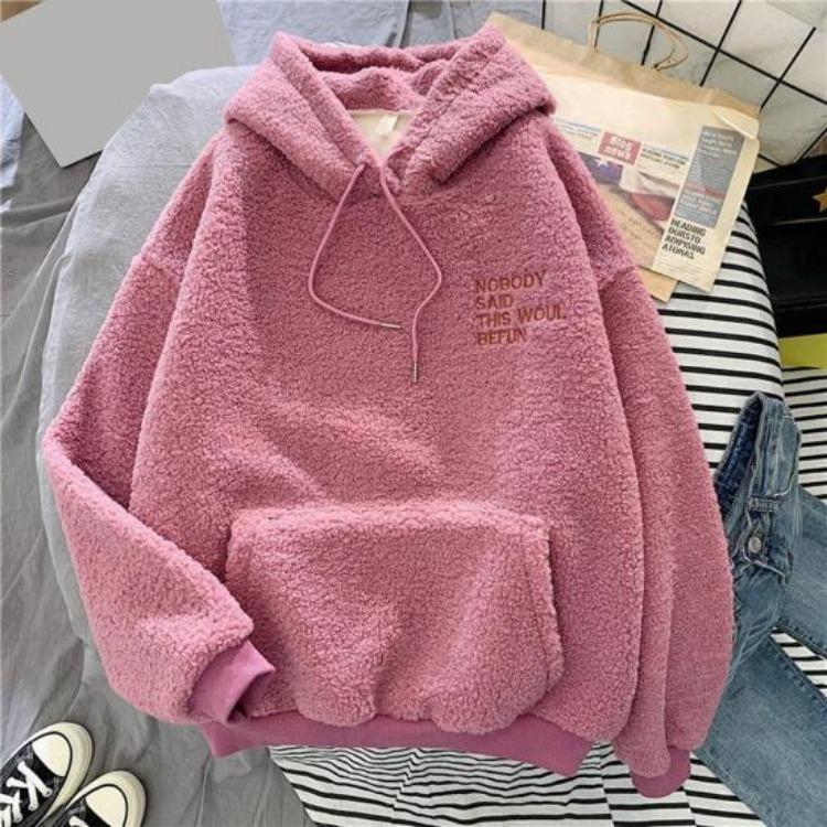 Fleece Pullover Top Warm Loose Women Long Sleeves Thick Drawstring Cuff Elastic Letter Patch Pocket Embroidery Fall