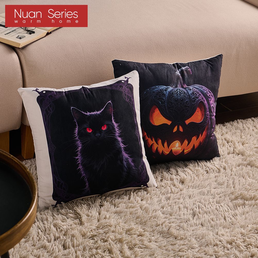 1PC Nuan Series Halloween Pillowcase Black Cat Ghost Pumpkin Series Printed Cushion Cover for Sofa Living Room Bedroom Home Decor Party Decorations