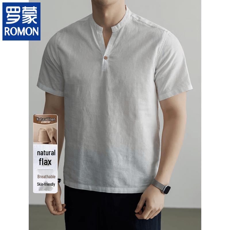 ROMON Men s Summer Linen Blend Short-Sleeve Stand Collar Shirt 3XL 190