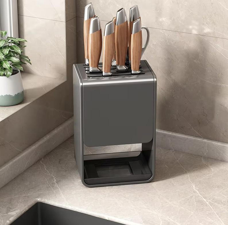 Multifunctional Kitchen Knife Holder,  Countertop Knife Block with Bamboo Chopstick and Utensil Storage Rack серый