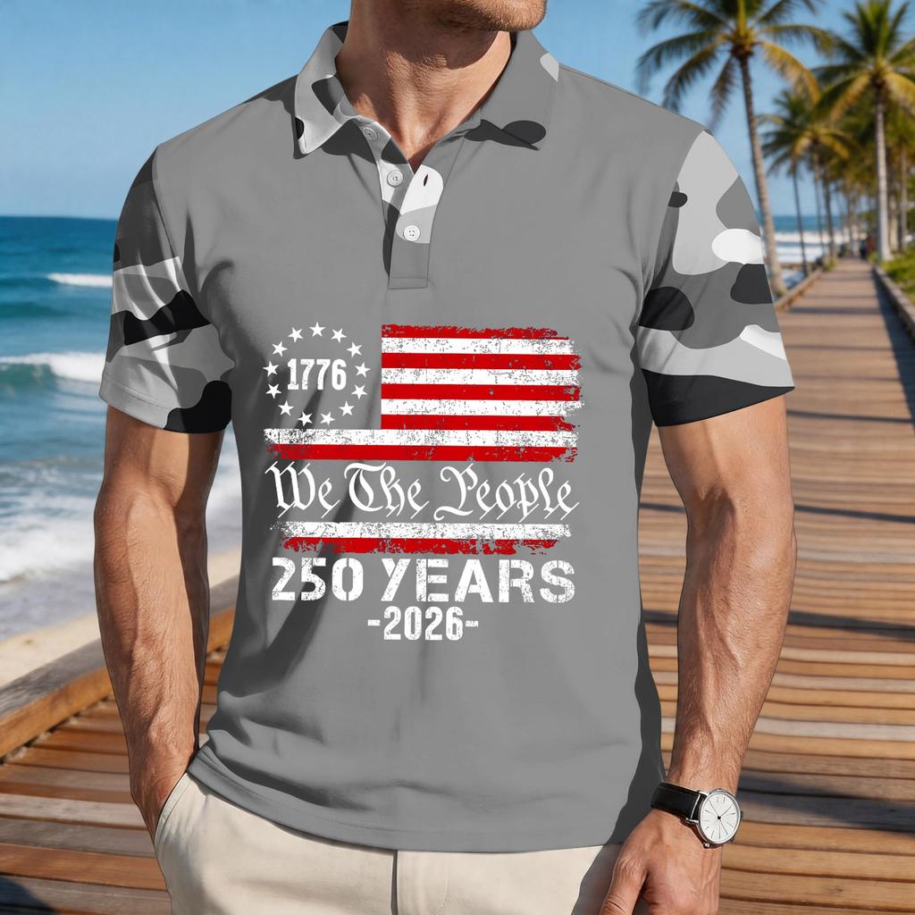 Men's Loose Fit Casual Short Sleeve Polo Shirt with National Flag Print Comfortable Lightweight Summer Top
