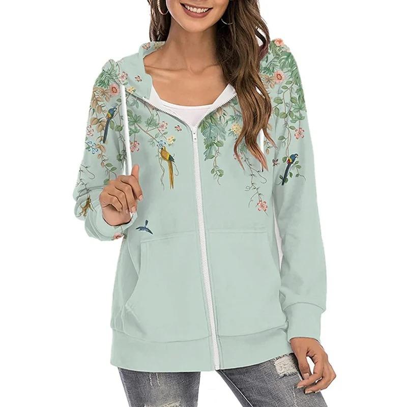 Women Fashion Loose Casual Thin Zip Up Hoodie Jacket Drawstring Printed Long Sleeve Sweatshirts Autumn Winter Female Blouse