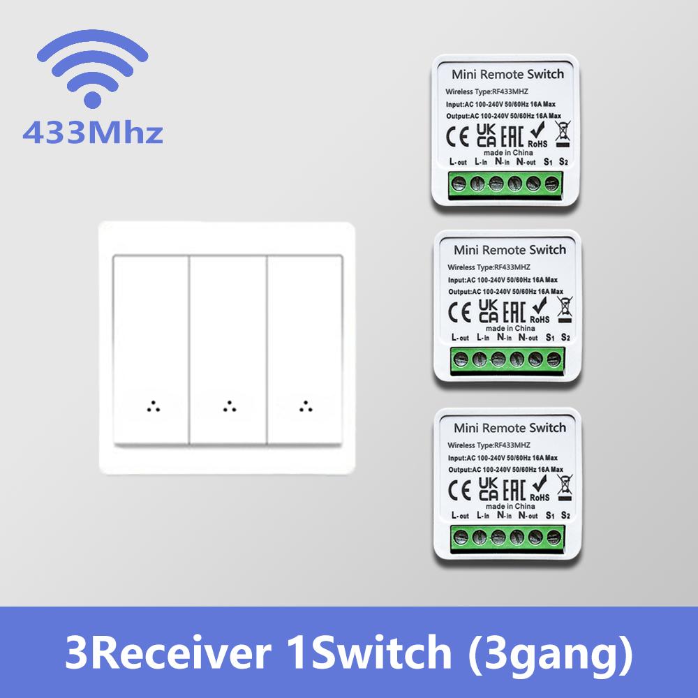 433MHz უსადენო ჭკვიანი კედლის ნათურის ჩამრთველი 1/2/3 განყოფილებიანი დისტანციური მართვის პანელი AC100–240V სტიკერის დიზაინი LED ნათურებისთვის სახლის ავტომატიზაცია
