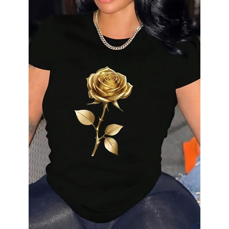 European Size European Size Ladies' T - Shirt With Golden Rose Pattern, Made Of Pure, Comfortable And Beautiful
