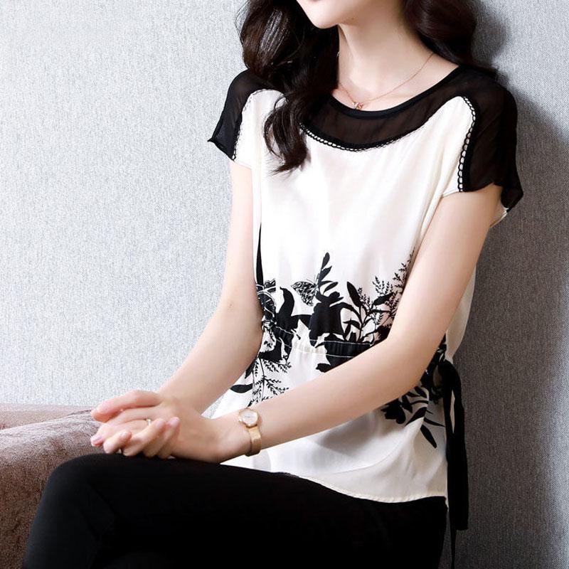 Raglanärm Snörning Veck Elegant Mode O-ringning Damblusar Sommar Vardagskläder Mesh Patchwork Tryckta Tröjor Skjorta