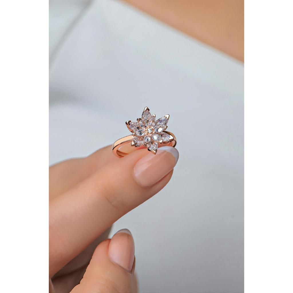 925 Sterling Silver Adjustable White Stone Lotus Flower Ring