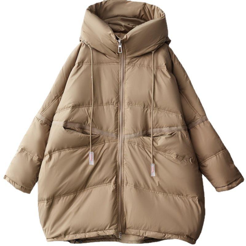 Women's Mid-Length Hooded Patchwork Pendant Down Jacket - Plus Size, Loose Fit, White Duck Down, Autumn/Winter Style