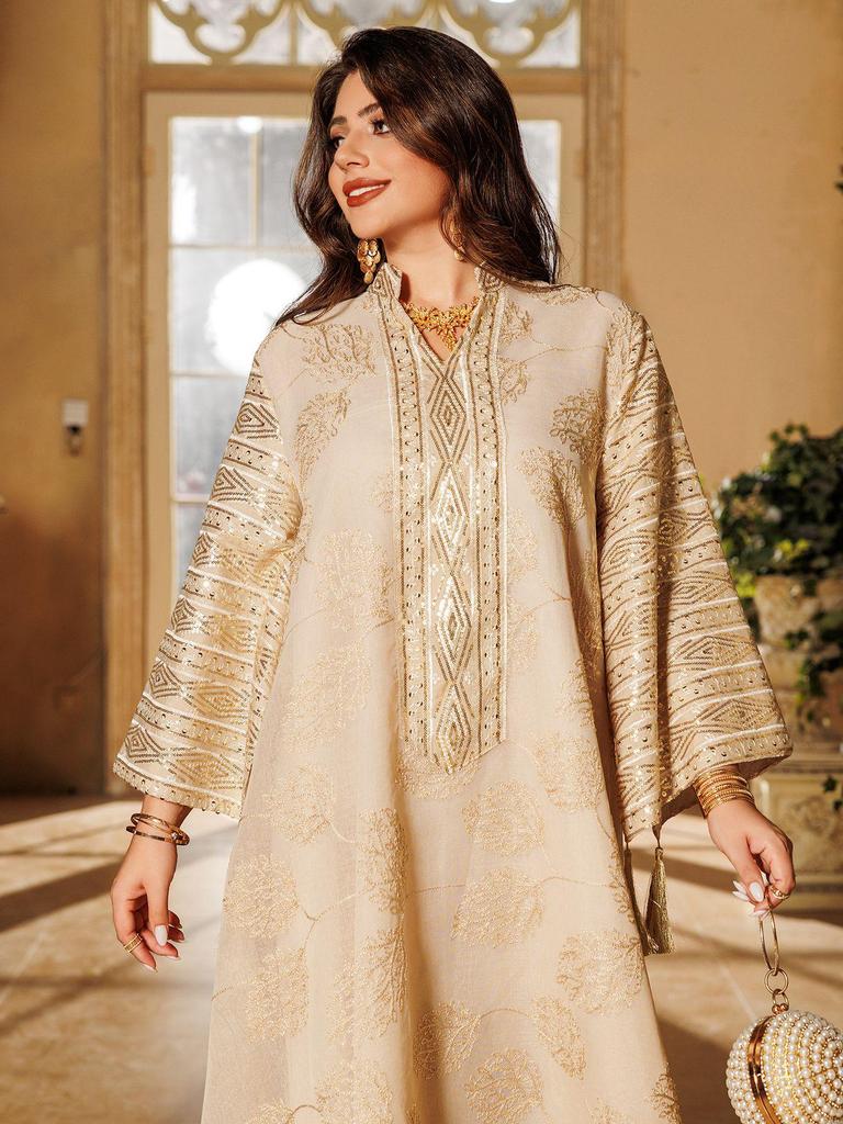 AB423 Plus Size Women's Embroidered Sequin Robe Dress - Middle Eastern, European, American Style
