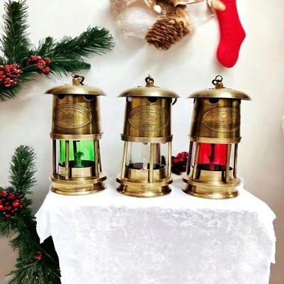 Set of 3 Royal Navy Brass Lantern For Home Decor Gift For Men On Birthday Gifts For Halloween Christmas, Brass Lamp For Living Room Bedroom