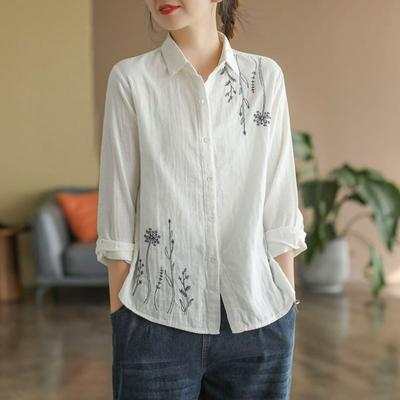 Spring Cotton Blouse, Simple Literary Ladies Long-sleeved Shirt, Loose and Versatile Floral Embroidered Shirt
