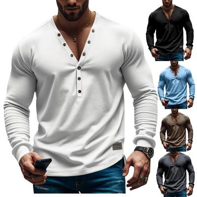 Nouveau T-shirt à manches longues fin pour hommes printemps et automne américain uni décontracté basique slim cardigan à col en V boutonné