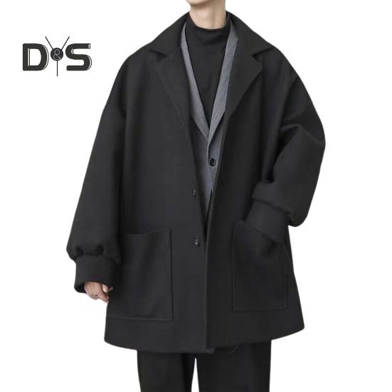 

Мужская ветровка с лацканами, длинный рукав, куртка средней длины, однотонная, свободный крой, большие карманы, осенне-зимняя куртка, пальто L чёрный