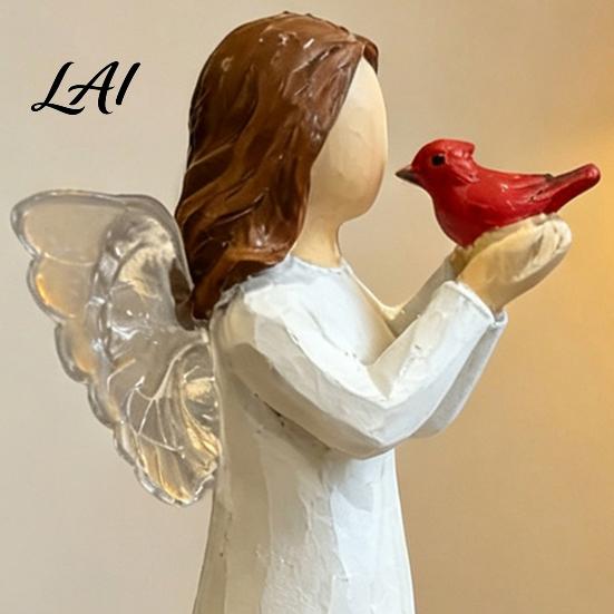 Artistic Bookshelf Accent Red Bird Angel Figurine Resin Winged Holding Statue for Pastoral Home Decoration Bereavement Remembrance Sympathy Memorial