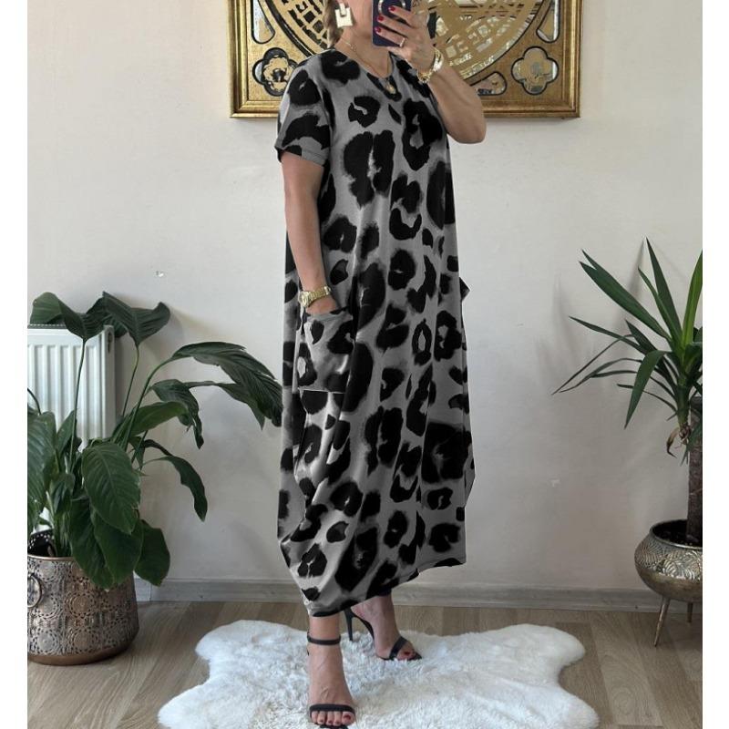 DAFIFY Women's Fashion Summer Spring Leopard Print Short Sleeve O-Neck Loose Waistline Casual Dresses