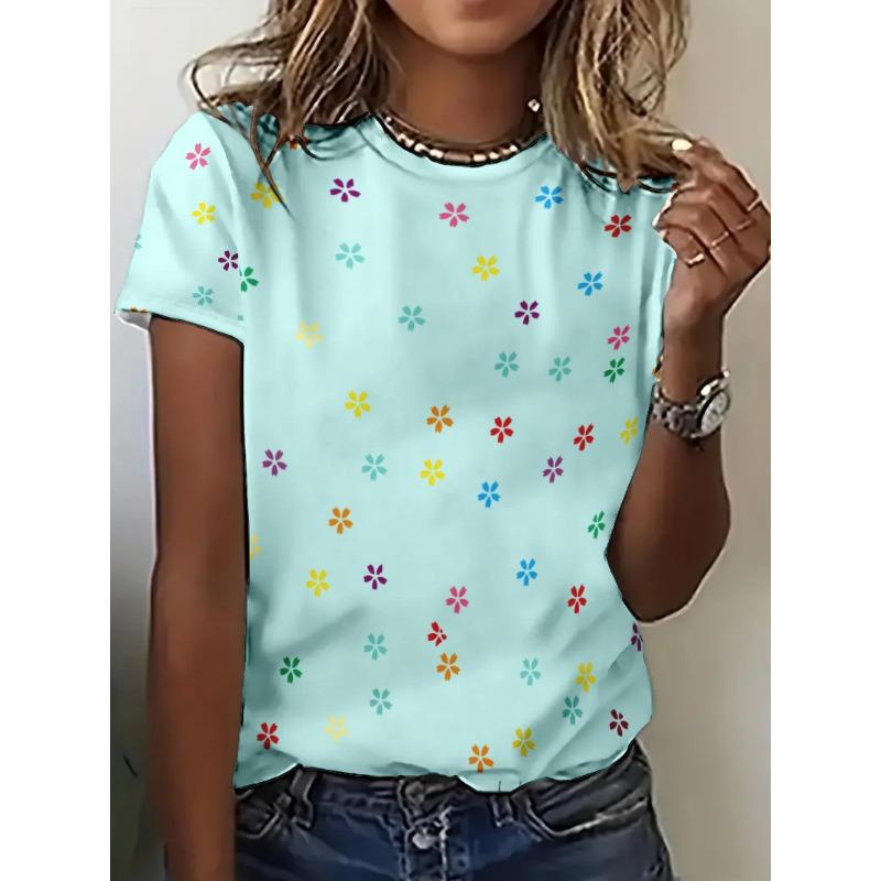 Damen 3D Süß Bedrucktes Blumen T-Shirt Elegantes Sommer Mädchen T-Shirt