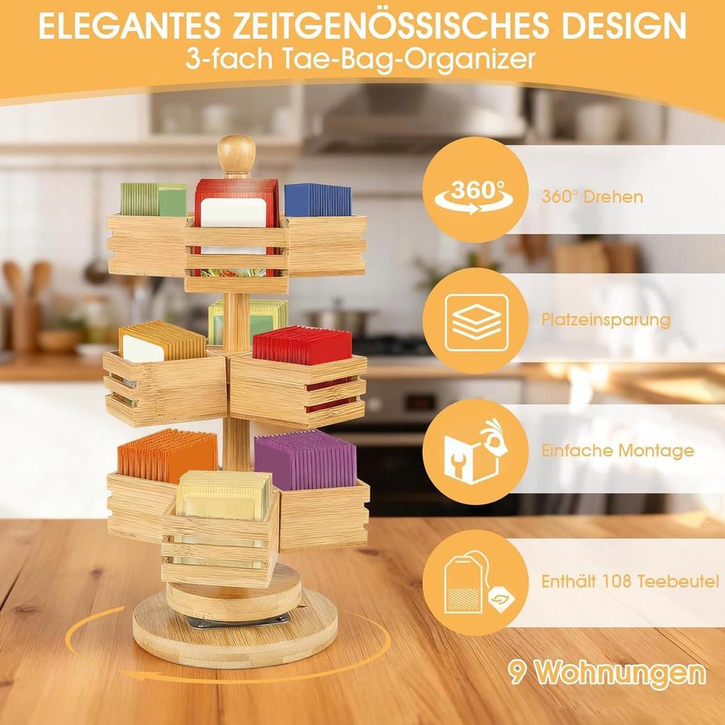 Tea Bag Organizer 3-Tier 9-Compartment Tea Storage Chest Teabag Station Stand for Home Kitchen Pantry Cafe Office Desk