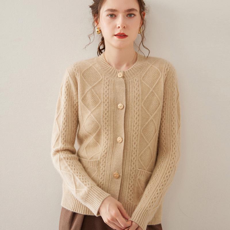 Women's Cable Knit Wool Cardigan - Long Sleeve, Single Breasted, Thick Cashmere Knitwear for Autumn and Winter