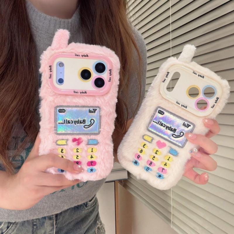 Cute Plush Phone Case for iPhone 11 12 13 14 15 16 17 Pro Max Plus Retro Game Console Design with Camera Stand Soft Fuzzy Cover