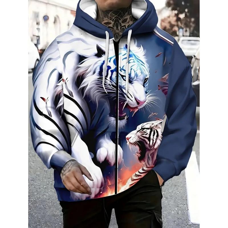 Herren Kapuzenpullover mit Reißverschluss und Tiger-Grafik, Langarm, Lässiger Outdoor-Mode-Mantel mit Kordelzug und Taschen, Reißverschluss-Kapuzenpullover für den Mann