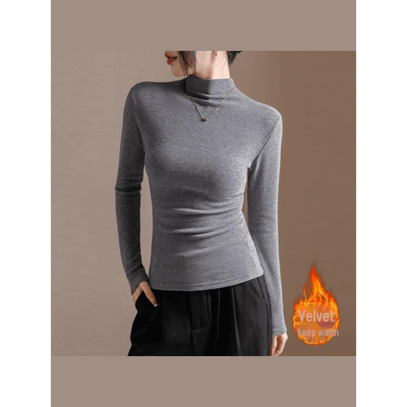 Women's Slim Fit Pleated Long-Sleeve German Velvet Turtleneck Top for Autumn/Winter