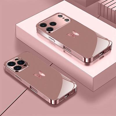 Rosa Schmetterlingsmuster Rosa Metallic Gehärtetes Glas Handyhülle Für iPhone 11 12 13 14 15 16 17 Pro Max 15 Plus 17 Air 17E Hülle