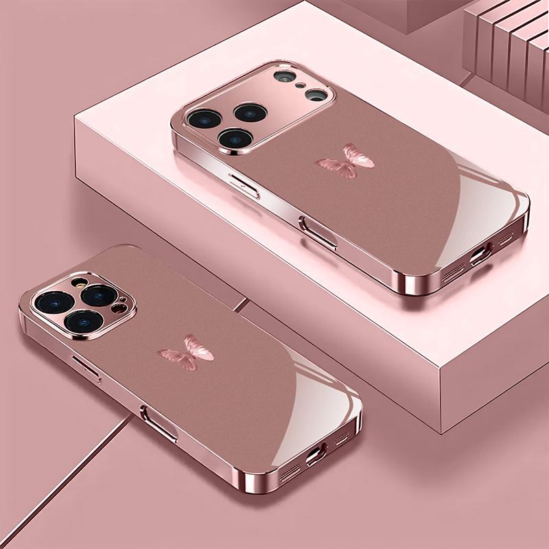 Rosa Schmetterlingsmuster Rosa Metallic Gehärtetes Glas Handyhülle Für iPhone 11 12 13 14 15 16 17 Pro Max 15 Plus 17 Air 17E Hülle
