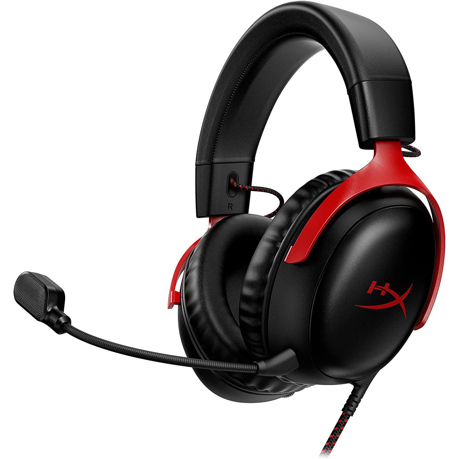 

HyperX Cloud III — проводная игровая гарнитура, Cloud 3, ПК, PS5, Xbox Series X|S, DTS, пена с эффектом памяти, прочная рамка, сверхпрозрачный микрофон 10 мм, USB-C, USB-A, 3,5 мм красный/чёрный
