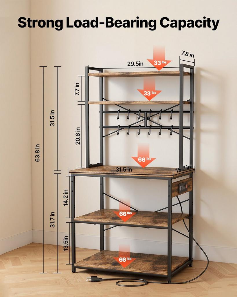 Kitchen Bakers Rack, 1.5m Power Cable Bakers Rack with Power Outlet, Kitchen Stand with X-Shaped Support Bar, 12 S-Shaped Hooks, Coffee Bar Stand for