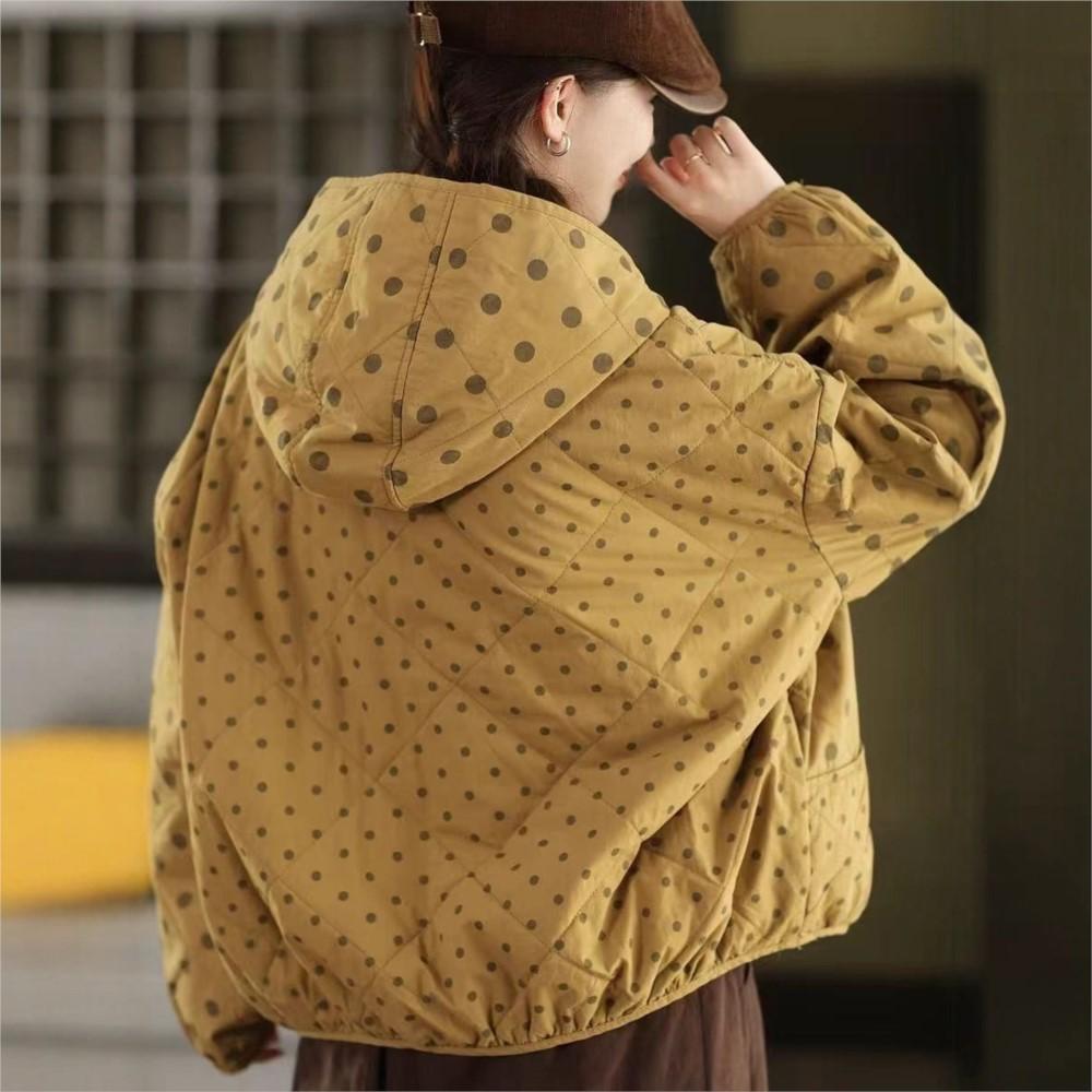 Johnature Femmes Vintage à Capuche Boutons Chauds Pois Hiver Lâche Décontracté Doux Poches Féminines Manteaux Épais