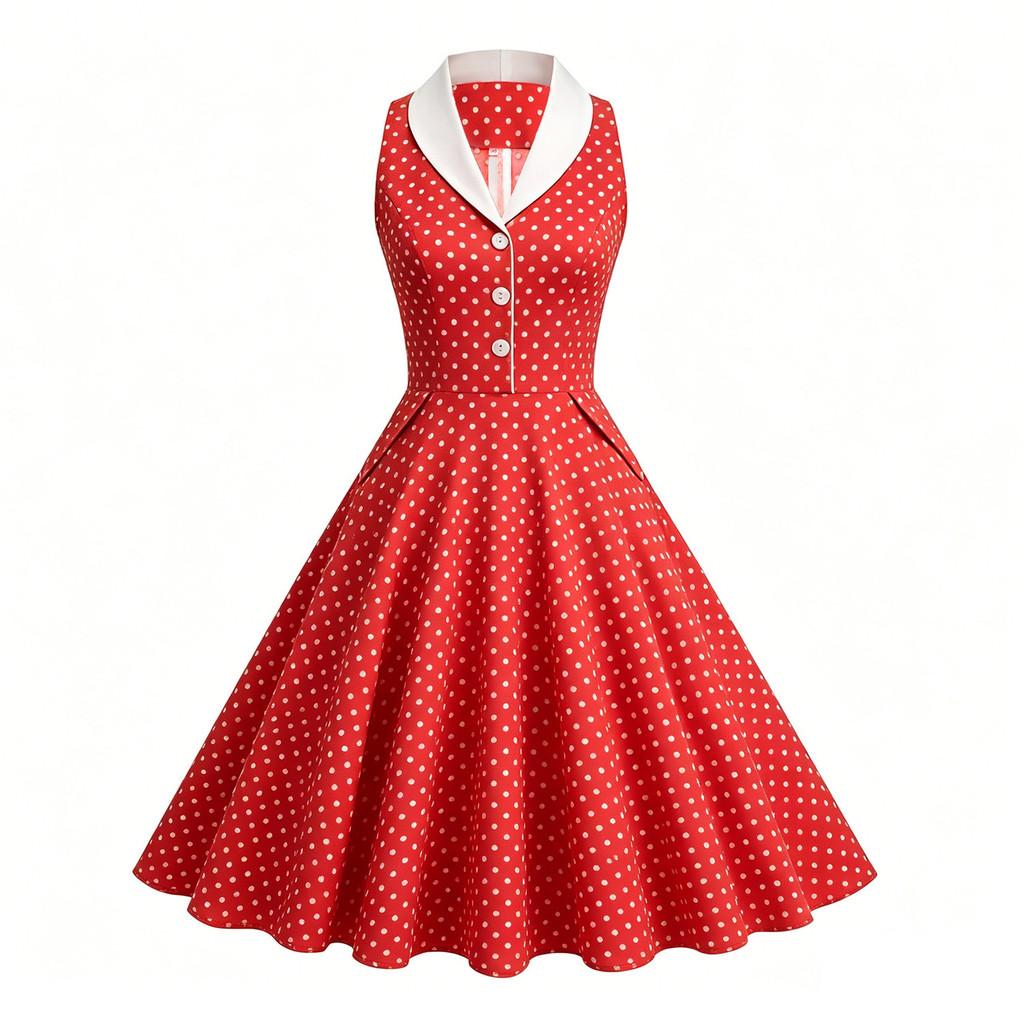 Vintage Summer Dress For Women With Polka Dot Pattern Cotton Blend For Casual And Party Wear