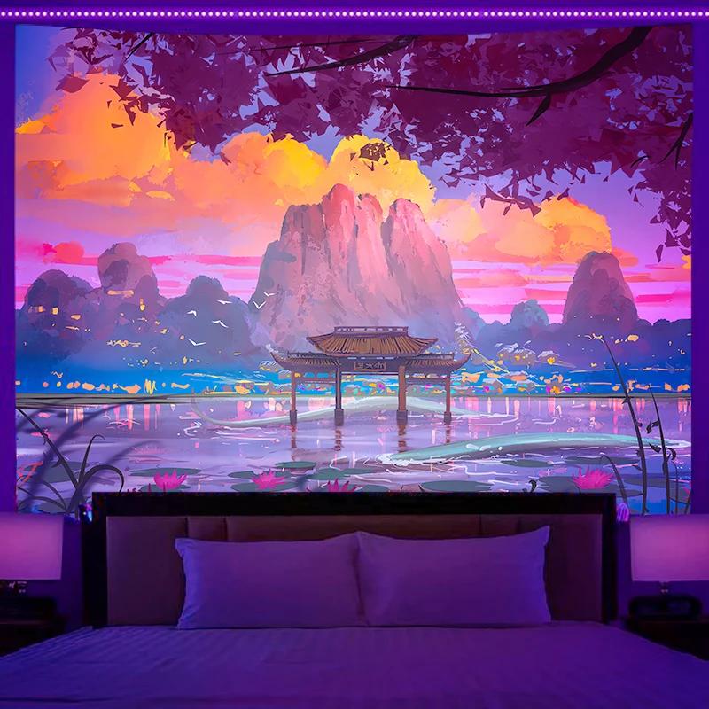 Fluorescent Tapestry Neon Mountain Landscape Hippie Wall Hanging Home Bedroom Room Party Decoration Background Cloth