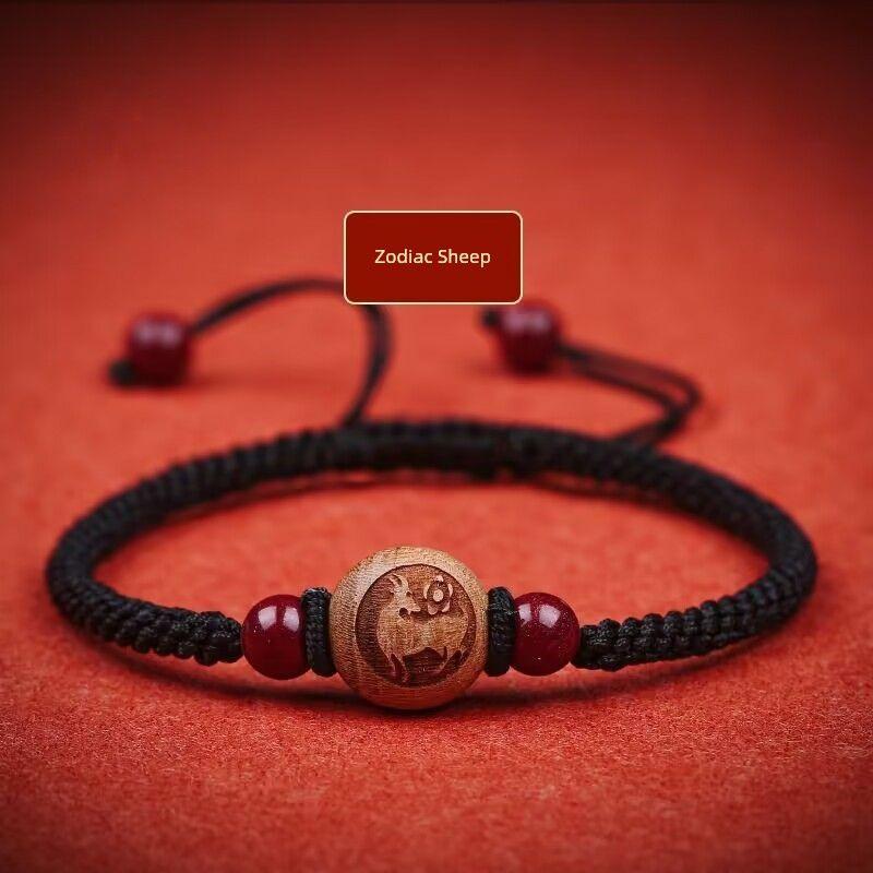 Peachwood Zodiac Red Rope Bracelet Men's Lucky Beads Woven Hand Strap Girls Kids Natural Cinnabar Bracelet Snake